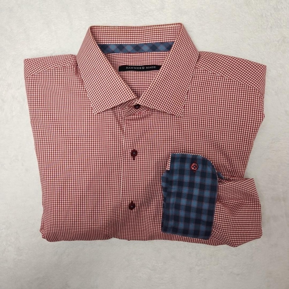Hammer Made Shirt Mens Medium Red Gingham‎ Slim Fit Long Sleeve Contrasting Trim